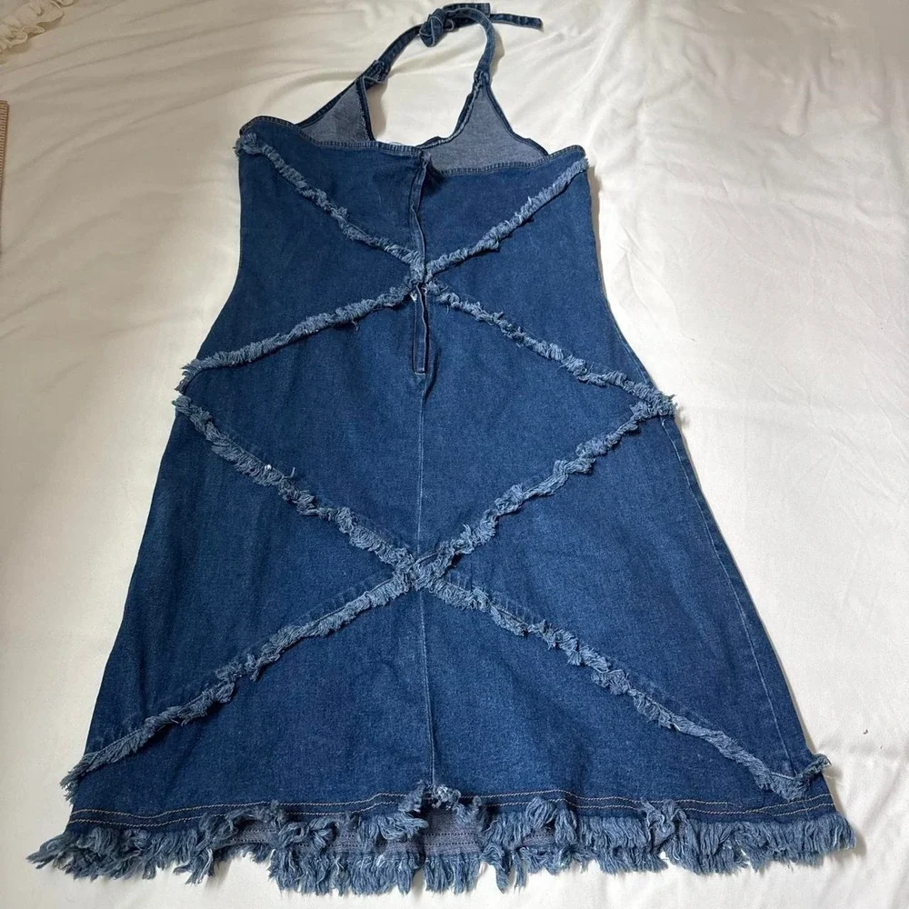 90s Carolina Blues size 12 dark wash denim halter dress - Picture 4 of 6